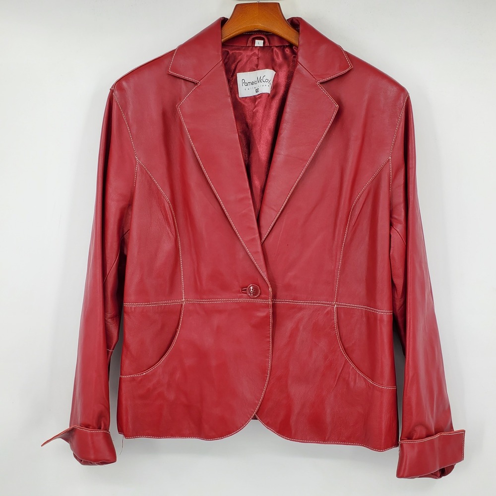 Vintage Pamela McCoy Red Leather Blazer Jacket Large Mob Wife Y2K Statement Fall